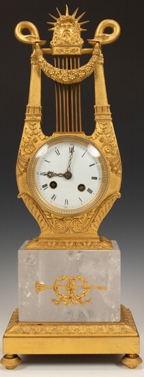 SAMUEL MARTI (FRENCH) D'ORE BRONZE & CRYSTAL QUARTZ MANTEL CLOCK, 1900, H 20", W 7"
