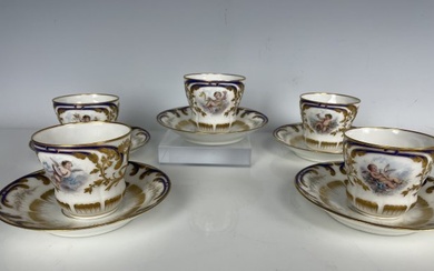 SET OF 5 ANTIQUE SEVRES STYLE CUP AND SAUCERS