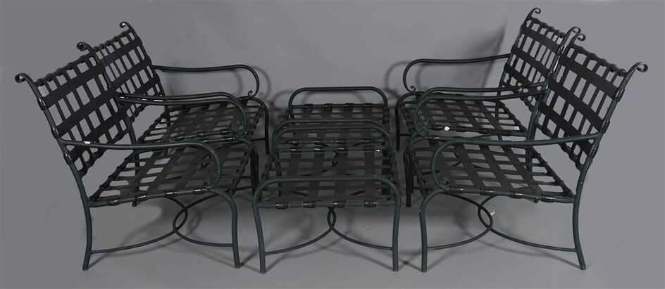 SET OF FOUR BROWN AND JORDAN METAL ARMCHAIRS AND TWO BENCHES