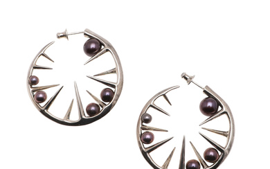 SHAUN LEANE SILVER AND CULTURED PEARL "BLACKTHORN" EARRINGS.