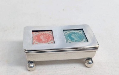 SILVER DOUBLE STAMP BOX WITH SPRING LOADED HINGED LID ON BUN...