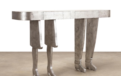 SILVER LEAF CONSOLE TABLE, FIGURAL LEG SUPPORTS