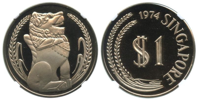 SINGAPORE Cu-Ni Merlion Dollar 1974. NGC PF69UC
