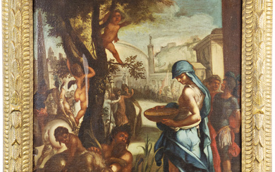 Scuola romana del secolo XVII "Allegoria della fondazione di Roma" olio su tela (cm 76x62) in cornice antica (difetti)