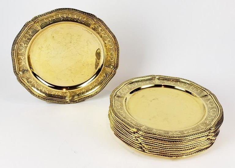 Set of 12 Tane Mexican Gilt Sterling Silver Chargers
