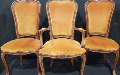 Set of Six Mustard Velvet Upholstered French Dining Chairs, with carved spoon back and cabriole legs incl. Two Carvers - Chateau D...