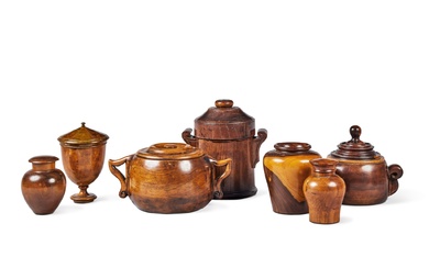 Seven English Treen Jars and Covers of Various Shapes and Sizes, 19th Century