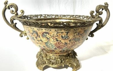 Signed Asian Bronze & Porcelain Vessel W Handles