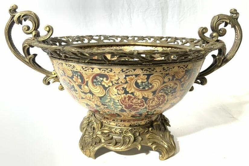 Signed Asian Bronze & Porcelain Vessel W Handles