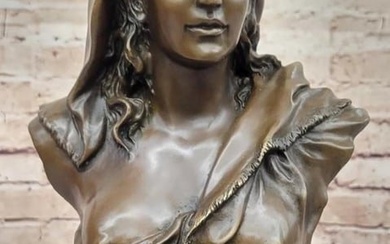 Signed Inspired Bronze Bust Sculpture of a Beautiful Woman by J.B. Coyvaux - 14" x 8"