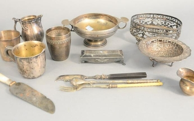 Silver lot to include cups, bowl, creamer, salt and