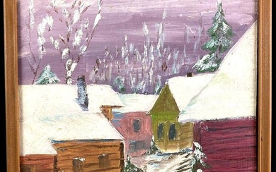 "Snowy Village" Vintage Wood Print Painting