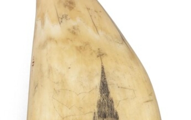SCRIMSHAW WHALE'S TOOTH DEPICTING A CHURCH Mid-19th Century...