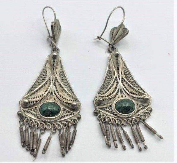 Sterling Silver Filigree Earrings with Green Jade