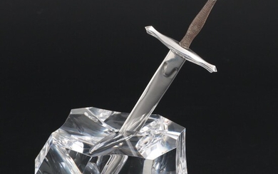 Steuben "Excalibur" Glass Paperweight with Sterling and 18K Gold Sword in Box