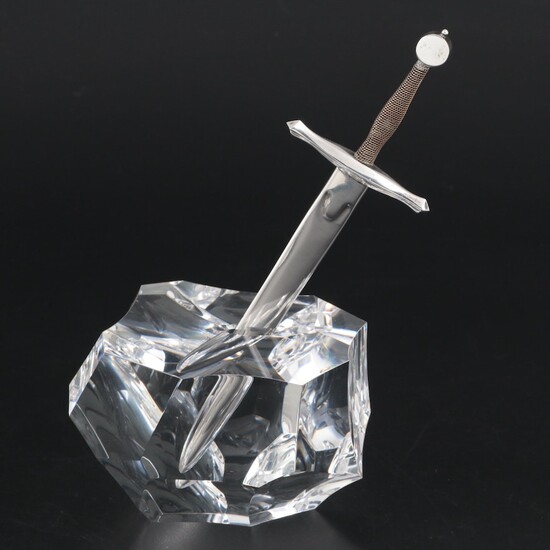 Steuben "Excalibur" Glass Paperweight with Sterling and 18K Gold Sword in Box