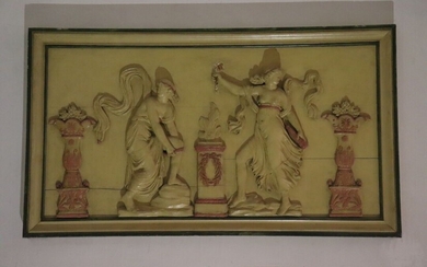 Suite de quatre bas-reliefs en terre cuite figurant des scènes à l'antique dans des cadres...