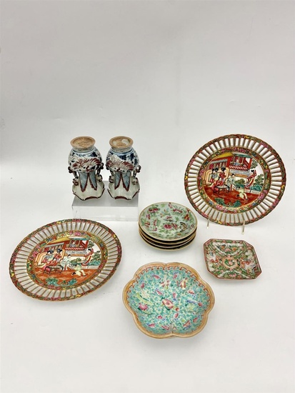 TEN VARIOUS CHINESE PORCELAIN TABLE-TOP ITEMS. Pair vases with mythical...