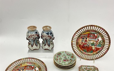 TEN VARIOUS CHINESE PORCELAIN TABLE-TOP ITEMS. Pair vases with mythical...