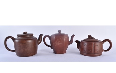 THREE CHINESE YIXING POTTERY TEAPOTS AND COVERS possibly Rep...