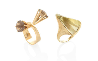 TWO 14K GOLD AND QUARTZ RINGS