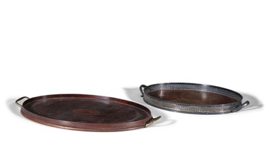 TWO EDWARDIAN INLAID MAHOGANY SERVING TRAYS, each with gal...