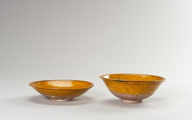 TWO YELLOW EARTHENWARE 'HARE'S FUR' DISHES