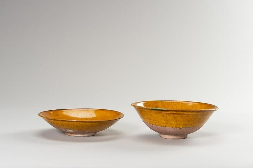 TWO YELLOW EARTHENWARE 'HARE'S FUR' DISHES