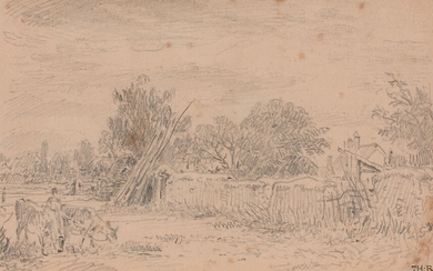 Théodore ROUSSEAU Paris, 1812 - Barbizon, 1867Paysan et ses vaches dans un paysageCrayon noir(Rousseurs)Peasant and...