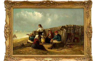 Thomas Smythe (1825-1906) oil on canvas - Family Group on a Beach, signed, 36cm x 53.5cm, in gilt frame