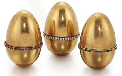 Three 18ct gold diamond and gem egg design...
