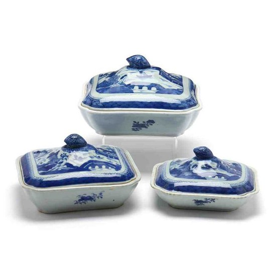 Three Chinese Export Blue Canton Vegetable Servers