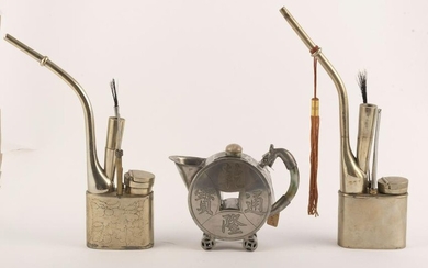 Three Chinese pewter items including one teapot and two