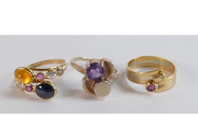 Three gem set rings - diamond & ruby three colour gold set s...