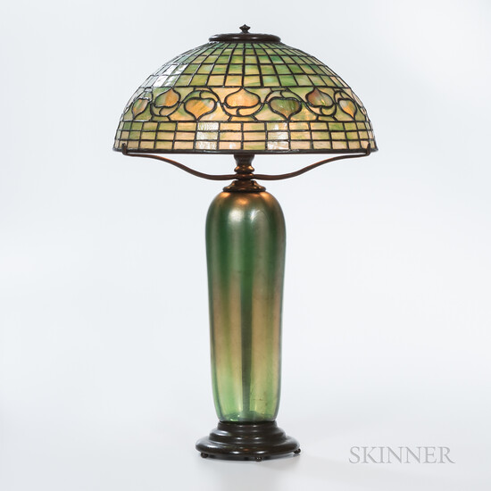 Tiffany Furnaces Glass Table Lamp Base with a Tiffany-style Vine Border Shade