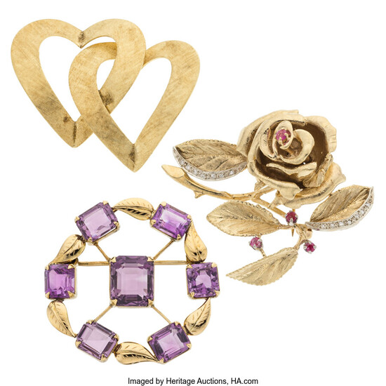 Tiffany & Co. Diamond, Ruby, Amethyst, Gold Brooches Stones:...