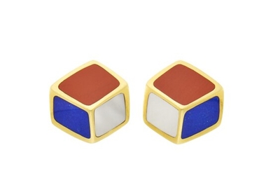 Tiffany & Co. Pair of Gold, Jasper, Mother-of-Pearl and Lapis Earrings