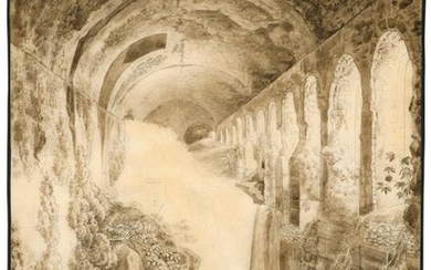 Tivoli, Innenansicht der Wasserfälle in der Villa des Mecenas, mit einem Zeichner und einem Jäger im Vordergrund.