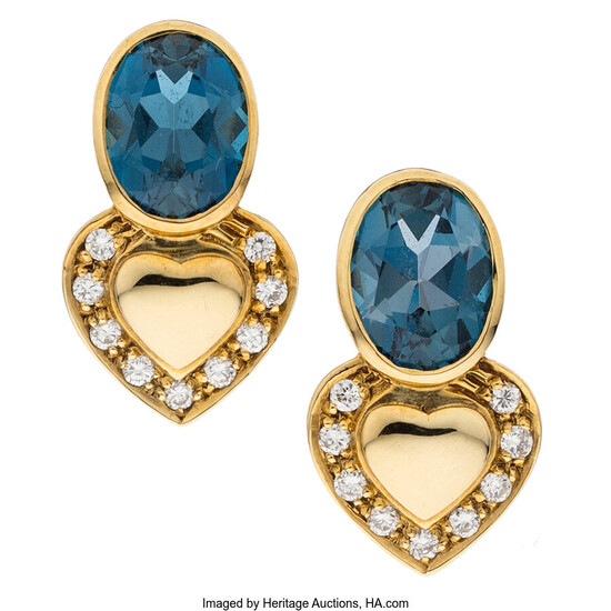 Topaz, Diamond, Gold Earrings Stones: Full-cut diamonds weighing a...