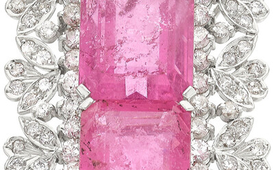 Tourmaline, Diamond, White Gold Pendant-Brooch Stones: Emerald-cut pink tourmaline...