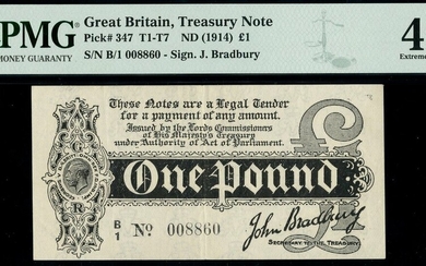 Treasury Series, John Bradbury, first issue £1, ND (7 August 1914), serial number B/1 008860, (...