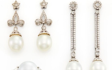 Two Pairs of White Gold, Platinum, Diamond, South Sea and Cultured Pearl Pendant-Earrings and Ring