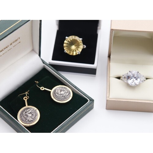 Two Silver Ladies Rings with Pair of Inset Coin Motif Earrin...