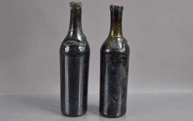 Two extremely rare hand-blown double-sealed French 'cylinder' wine bottles corked with contents c.1860