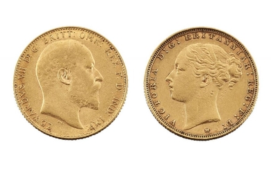 Two gold sovereigns, one Victoria Young Head, 1885, and one...