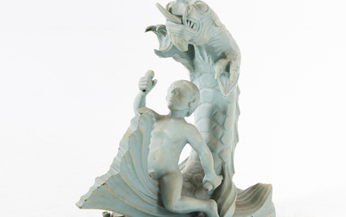 UNKNOWN ARTIST. Man and dragon, sculpture in wood, signed, 20th century.