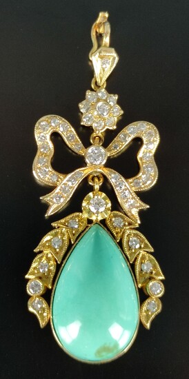 Unique necklace pendant with large turquoise drop set with 50 small diamonds, turquoise surrounded