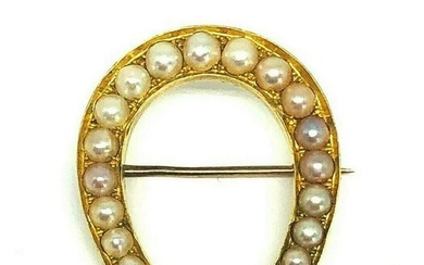 VICTORIAN Natural Pearl Yellow Gold Horseshoe Brooch