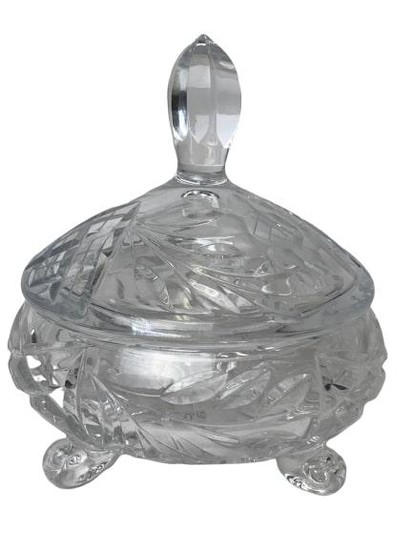 VINTAGE CUT GLASS FOOTED CANDY DISH WITH LID