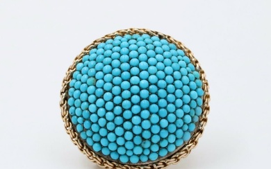 Victorian 14K Gold and Silver Pave Turquoise Dome Shaped Brooch,...
